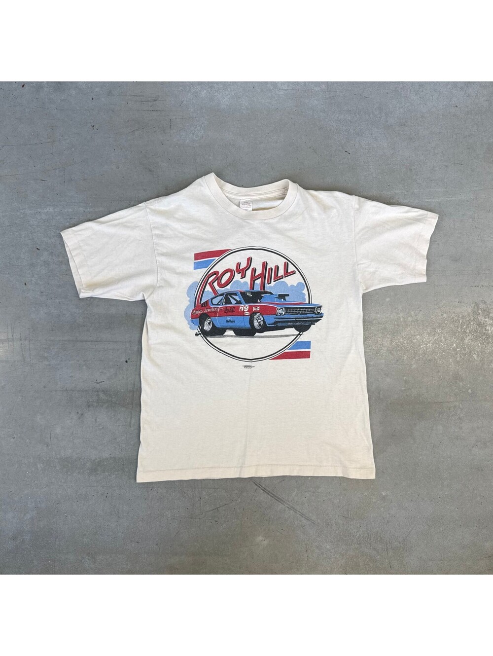 Vintage 80s Roy Hill Drag Car Racing Graphic T-Shirt Cream Large